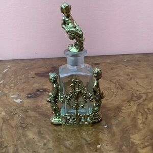 19th Century Antique Ornate Victorian Gilded Brass Perfume Bottle, Stopper  READ